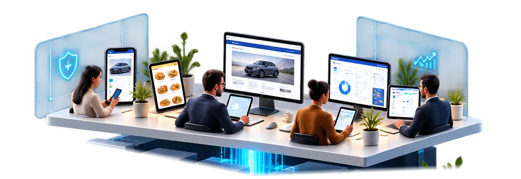 Pessoas usando smartphone, tablet e computador diante de telas que mostram um site empresarial, um painel de gestão, um portal automotivo, um cardápio digital e um aplicativo.