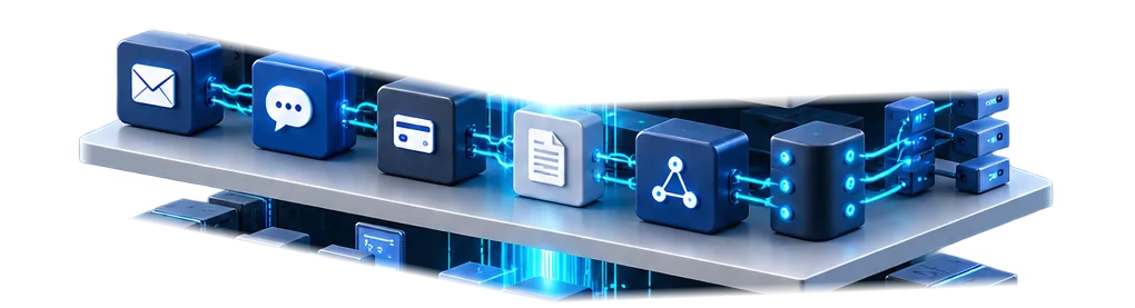 Mensagens, e-mail, chat, pagamentos, documentos e APIs ligados por fluxos organizados e bidirecionais.