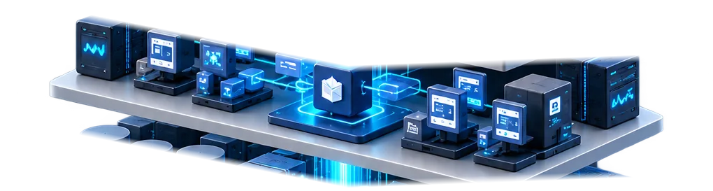 Agentes de inteligência artificial coordenando tarefas e consultando conhecimento, representados por nós e pequenos núcleos de processamento conectados.