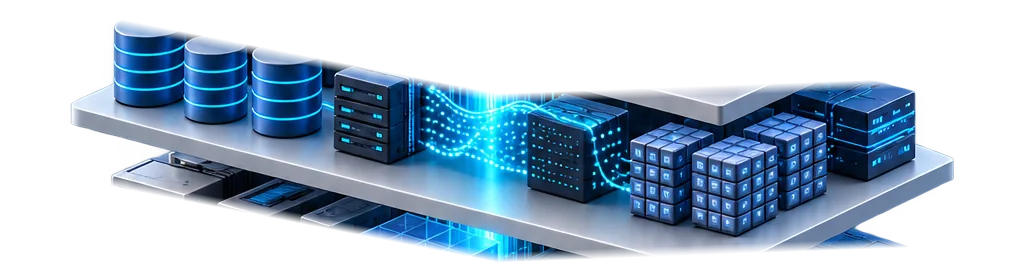 Bancos de dados, arquivos, filas de tarefas e mecanismos de processamento, com dados circulando entre armazenamento, aplicações e IA.