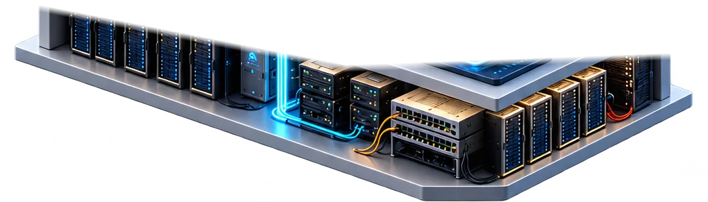 Na base, servidores, racks, processadores, GPUs, armazenamento e equipamentos de rede.